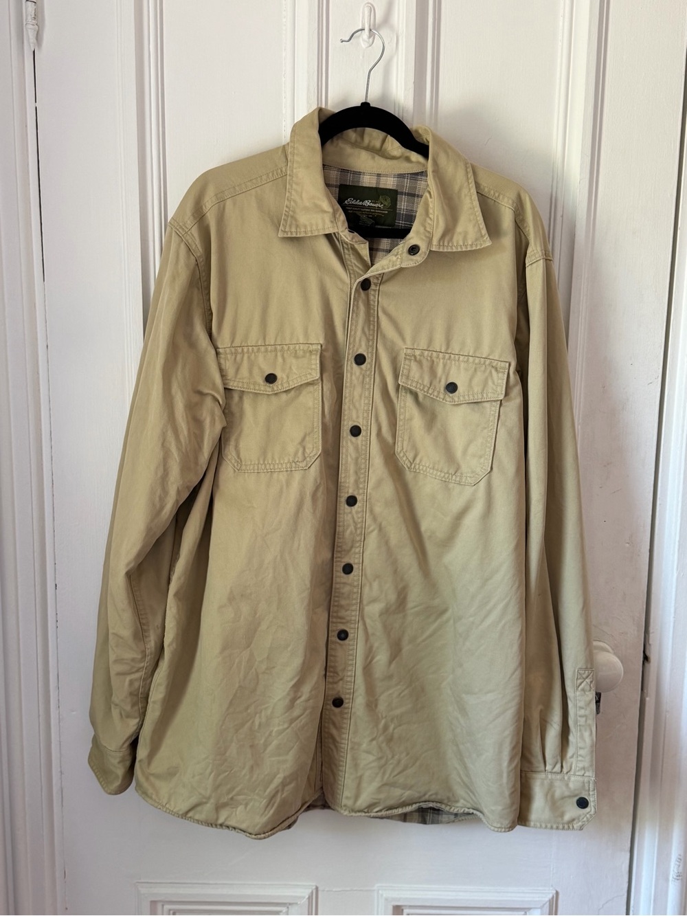 Men’s Eddie Bauer Snap Front Fully Lined Light Tan Utility Chore Coat Large Tall